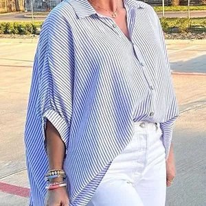 Classic Blue Striped Button Down Shirt for Women Size M thumbnail 2