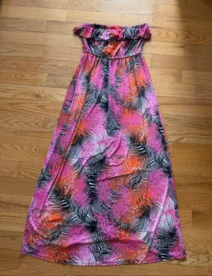 Tropical Pink & Orange Strapless Maxi Dress Size L thumbnail 1