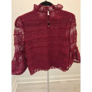 INA Sheer Lace Victorian Ruffle Mock Neck Blouse Top XS Women Maroon thumbnail 5