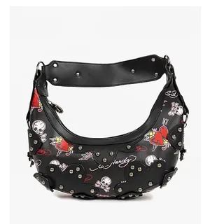 🔥 NWT Ed Hardy Y2K Tattoo Print Studded Hobo Bag Black 🖤 thumbnail 8