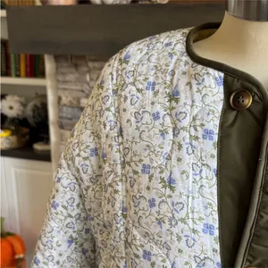 Anthropologie Tan Floral Reversible Quilted Puffer Jacket thumbnail 9