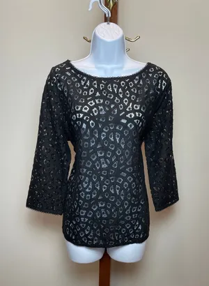 LOFT Black Lace Sheer Long‑Sleeve Top Size L thumbnail 1