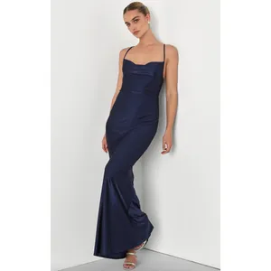 Lulus Iconic Allure Navy Blue Cowl Neck Lace Up Ruched Maxi Dress Stretch XS NWT thumbnail 3