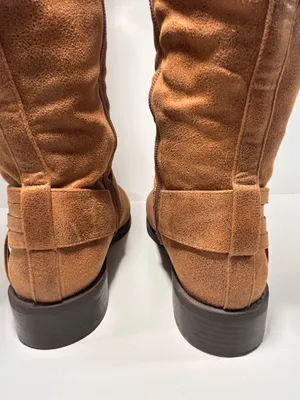 Women’s Brown Knee High Riding Boots Size 7 Side Zip Braided Strap Low Heel thumbnail 8