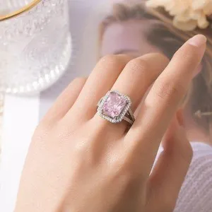 18K White Gold Plated Adjustable Birthstone Gemstone Pink Crystal Ring for Women thumbnail 4