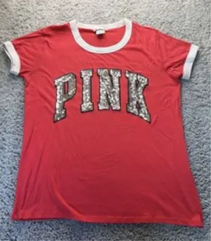 Victoria's Secret PINK L Sequin Logo Ringer T-Shirt Red Cotton thumbnail 1