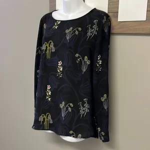 LOFT Black and Navy CrewNeck Floral Long Sleeve Blouse with Side Slits- Medium thumbnail 2