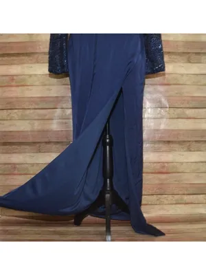 NWT Mac Duggal Size 10 Evening Gown Navy Embellished Thigh High Faux Wrap Formal thumbnail 8