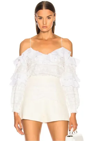 Alexis Damini White Off Shoulder Ruffle Long-Sleeve Fringe Blouse Shirt Top thumbnail 1