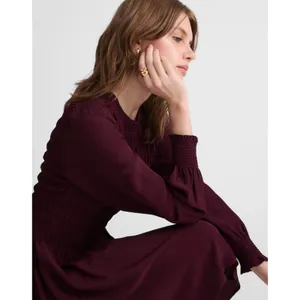 Madewell Long-Sleeve Smocked Mini Dress Dark Pomegranate Crepe Medium NWT thumbnail 5