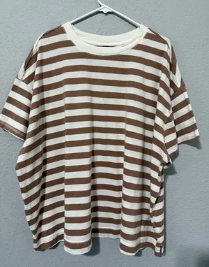Old‎ Navy Womens T-Shirt 3X Brown White Striped Oversized Cotton Short Sleeve thumbnail 1