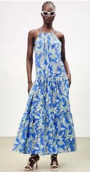 Zara Paisley Ikat Halter Midi Dress Womens XS Blue Boho Tiered‎ Cotton Summer thumbnail 1
