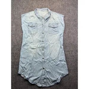 Sleeveless Light Wash Chambray‎ Denim Shirt Dress Snap Front Collared Blue Large thumbnail 2