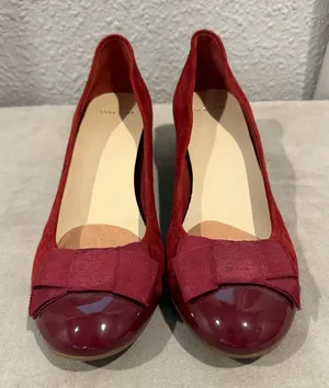 Cole Haan Burgundy Suede Patent Leather Bow Round Toe Wedge Loafers Size 7B‎ thumbnail 1