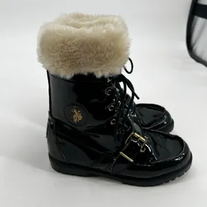 US Polo Assn Madison patent Black & Cream Faux Fur Lined Boots lace up logo 6.5 thumbnail 2