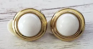 Vintage Clip On Earrings - White Domed Circle with Gold Tone Halo thumbnail 1