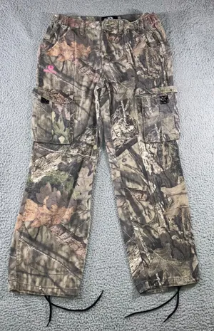 Mossy Oak Cargo Pants Women Medium Camo‎ Break-Up Pink Logo Drawstring Hem thumbnail 1
