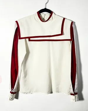 Vintage 90s 80s‎ Blouse Top Womens 10 Cream Bib Collar Retro Nautical Career thumbnail 1