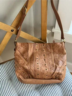 Vintage 90s Cabin Creek Tan Tooled Leather Studded Purse thumbnail 1