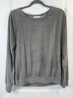 P.J. Salvage Women's Gray Velour Raglan Long Sleeve Pajama Top Silver Trim thumbnail 1