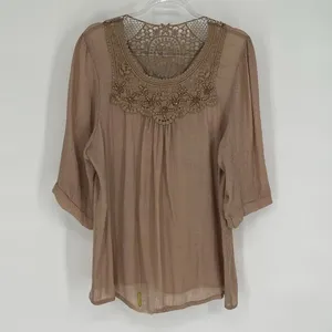 MAD STYLE Womens Boho Blouse Large Brown Crochet Lace Sheer Peasant Top Festival thumbnail 2