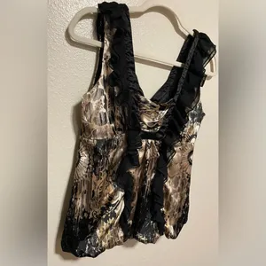 Grass Collection Ruffle Front Satin Tank | Black Cream Floral Blouse | Size M thumbnail 5