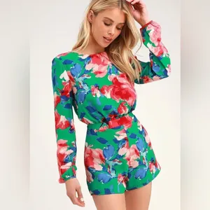 Lulus Sweetest Song‎ Floral Print Backless Long Sleeve Romper in Green Size Med thumbnail 3
