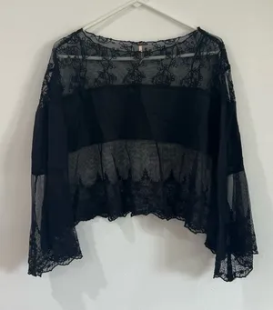 Free People Black Lace Bell Sleeve Top Whimsigoth XS Witchy Boho thumbnail 1