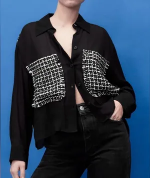 ZARA Black Sheer Blouse Black White Cream Tweed Pockets Button Up‎ Size Medium thumbnail 1