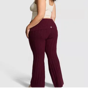 Pink Collegiate Cable-Knit Foldover Flare Pants‎ thumbnail 2