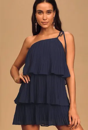 Lulus NWT blowing kisses Navy One-Shoulder Tiered Mini Dress MSRP$59 small thumbnail 1