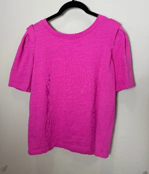 LOFT Hot Pink Cotton Detailed Short Sleeve Shoulder Detail Size Small thumbnail 1