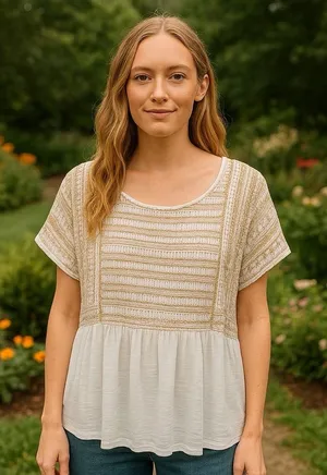 J. Jill White and Tan Embroidered Bohemian Milk‎ Maid Renaissance Blouse XL thumbnail 1
