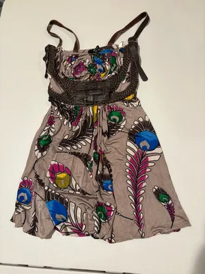 Vintage Sky Multicolor Feather-Print Casual Dress with Braided Brown Waist thumbnail 4