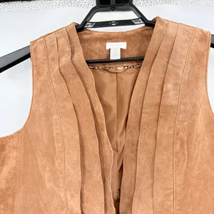 Chicos Brown Genuine Suede Vest Sz 2/L Boho Coastal Cowgirl Y2K Pleated Western thumbnail 3