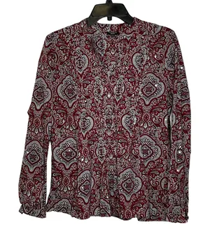 Talbots Blouse Size Small Burgundy White Floral With Sequin‎ 100% Cotton Womens thumbnail 1