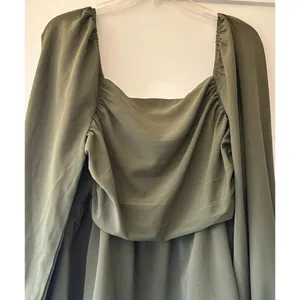 SHEIN olive green blouse draped square neckline bishop sleeves Peasant Top XL/12 thumbnail 2
