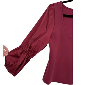 Anthropologie Maeve Ribbed Tiered Sleeve Mixed Media Top‎ Burgundy Size Small thumbnail 8