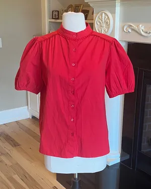 Red Cotton Puff Sleeve Blouse thumbnail 1