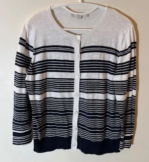 LOFT Striped Button‎ Front Cardigan Sweater Size Large White Navy thumbnail 1