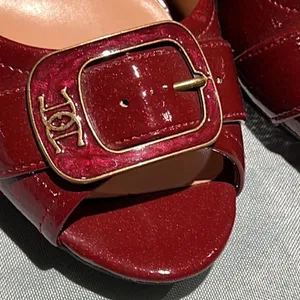 ETIENNE‎ AIGNER Dune Red Patent Vegan Open-Toe Heels Shoes Size 6.5M Buckles B42 thumbnail 4