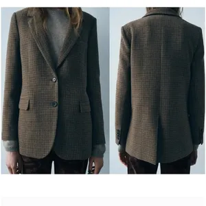 Zara Brown Wool Blend Checkered Heritage Academic Blazer NWT Size XS thumbnail 6