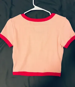 Pink Ribbed Crop Top with hot pink Trim thumbnail 2