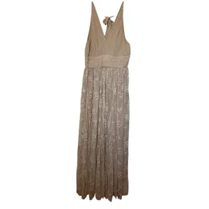 Zara Womens Champagne Floral Lace Maxi Dress Pleated V-Neck Bow Back Formal Gown thumbnail 4