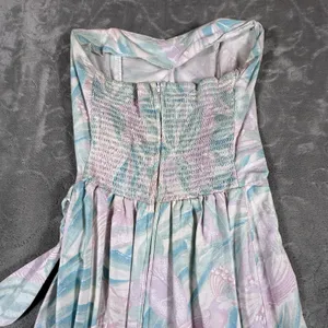 VTG 80s Pastel Strapless Mini Dress 13 Tropical Bird Print Summer Retro Side Tie thumbnail 9