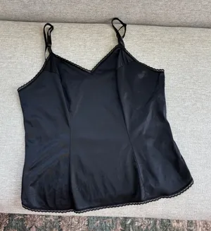 80s Vintage Vanity Fair Cami Top Black Nylon Lace Trim Whimsigoth Romantic Glam thumbnail 1