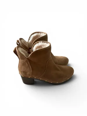 Ugg chestnut suede wooden heel ankle boots sheepskin lining pull on Sz 8 thumbnail 3