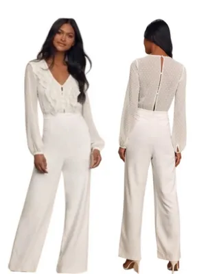 Lulu’S Clareese One Piece Jumpsuit Lace Ivory Long Sleeve Bridal Xs thumbnail 2
