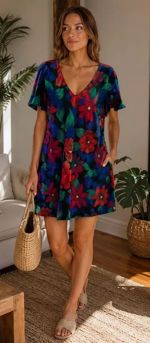 Barbizon Vintage Floral V-Neck Mini Dress Satiny‎ Short Sleeve Large thumbnail 1