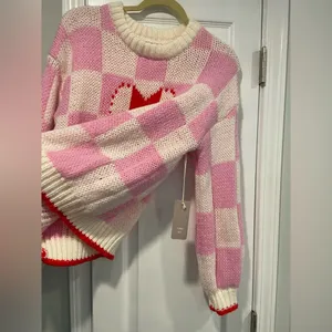 NWT Luna Ivy Size S Pink Cream Check Heart Chunky Knit Long Sleeve Crew Sweater thumbnail 6